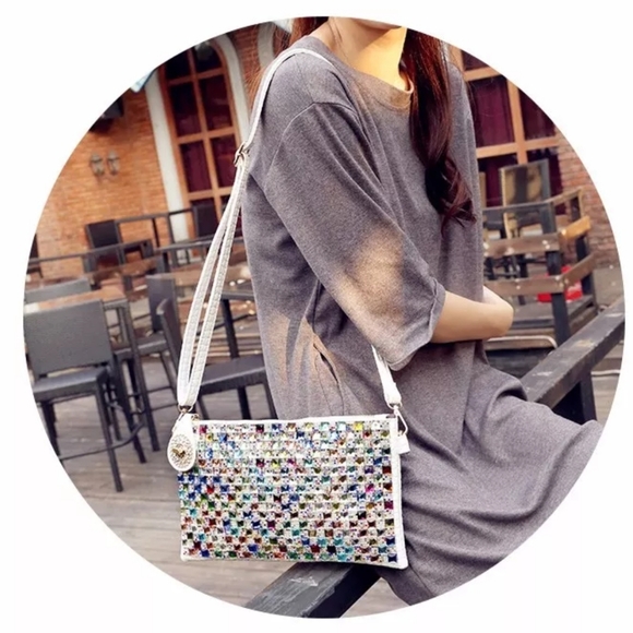 Colorful Jewel Studded Oversized Multi Funtional Clutch -White - Picture 4 of 16